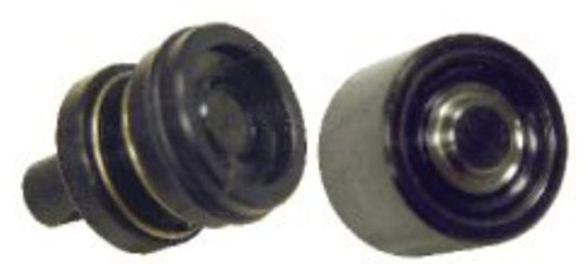 Two black rubber bushings on a white background