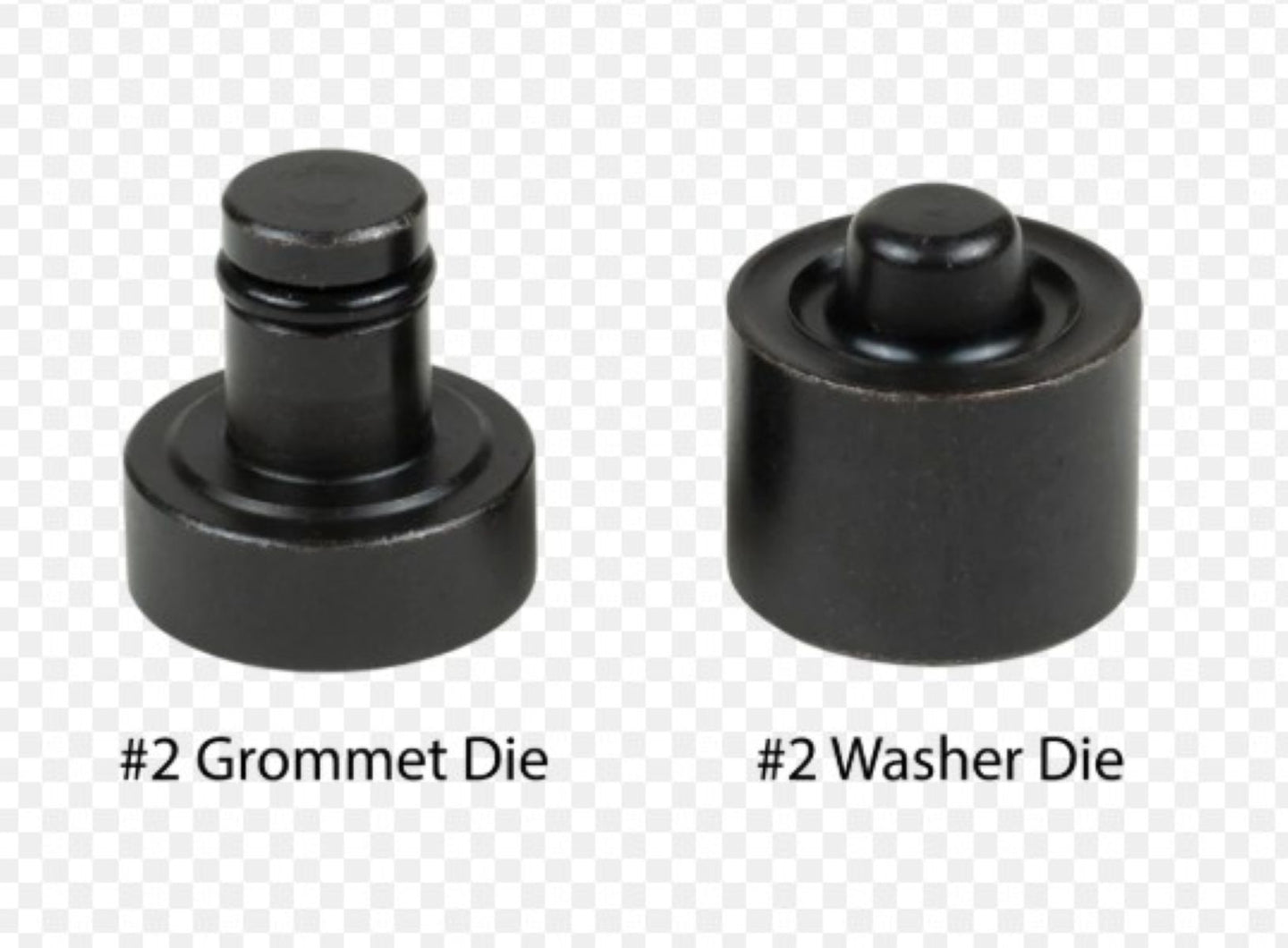 Two black metal dies labeled '#2 Grommet Die' and '#2 Washer Die' on a white background.