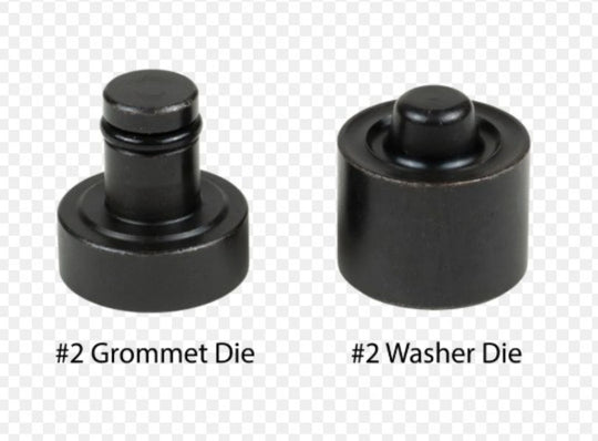 Two black metal dies labeled '#2 Grommet Die' and '#2 Washer Die' on a white background.