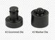Two black metal dies labeled '#2 Grommet Die' and '#2 Washer Die' on a white background.