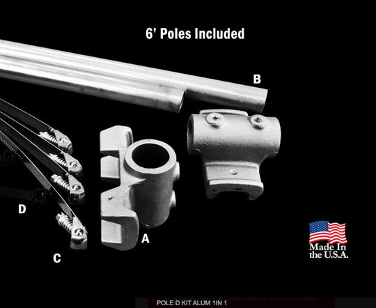 Aluminum pole kit with components labeled on a black background, featuring 'Made in the USA' text.
