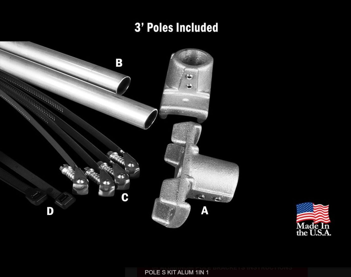 Metal poles and connectors with text indicating '3' Poles Included' and 'Made in the USA' on a black background.