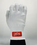 White glove with a red label on a light gray background