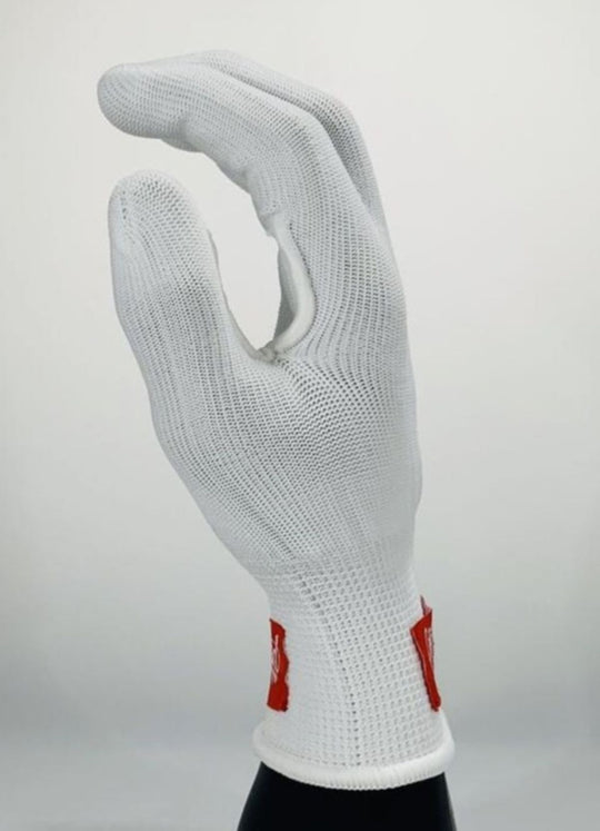White glove with red label on a gray background