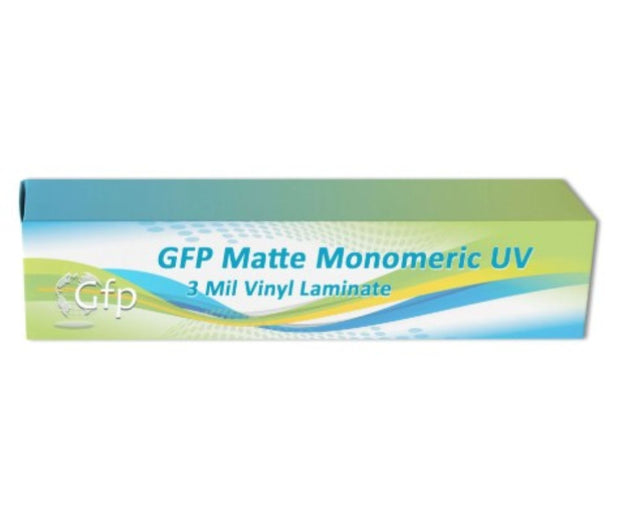 Box of GFP Matte Monomeric UV 3 Mil Vinyl Laminate on a white background