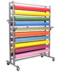 Colorful roll storage rack with multiple shelves on a white background