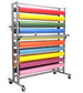 Colorful roll storage rack with multiple shelves on a white background
