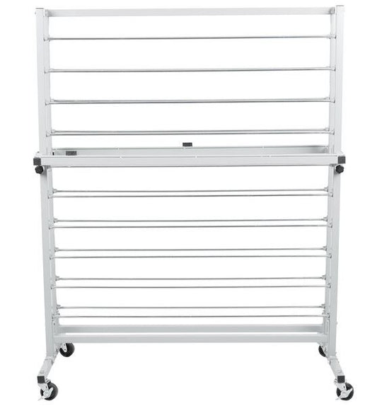 Metal baking rack on wheels with multiple shelves on a white background