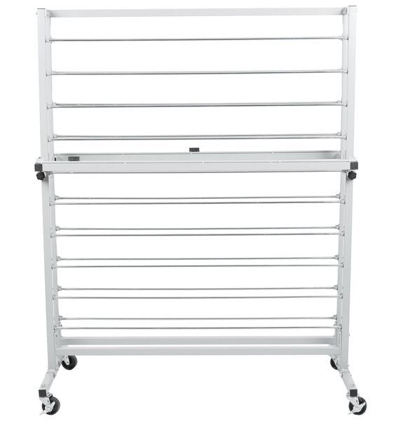 Metal baking rack on wheels with multiple shelves on a white background
