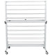 Metal baking rack on wheels with multiple shelves on a white background
