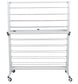 Metal baking rack on wheels with multiple shelves on a white background