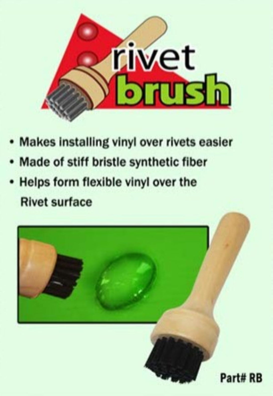 Rivet brush with text describing its use and features on a green background