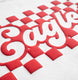 Close-up of a red and white checkered pattern with 'Google' branding.