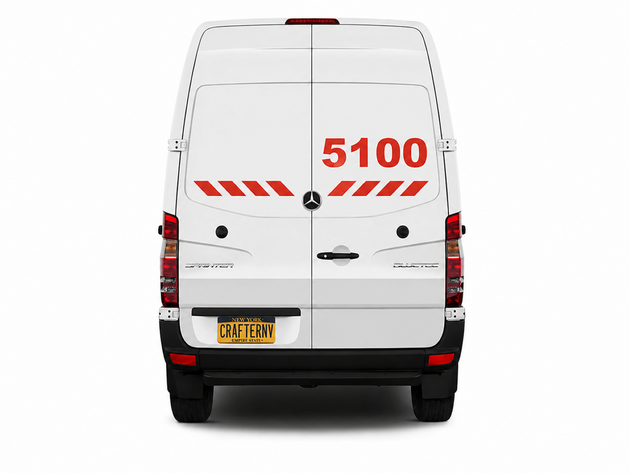 White van with red and black graphics on a white background
