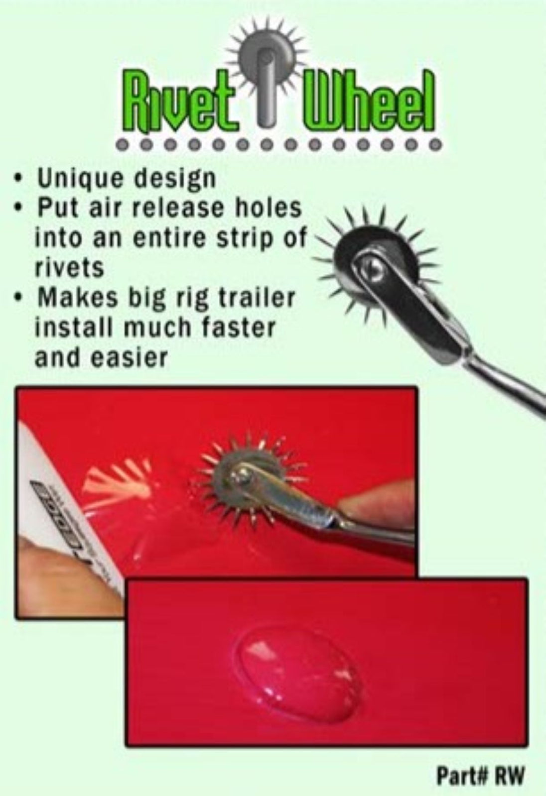 Advertisement for a Rivet Wheel tool with text and images on a green background