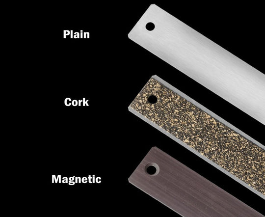 Three rectangular tags labeled 'Plain', 'Cork', and 'Magnetic' on a black background.