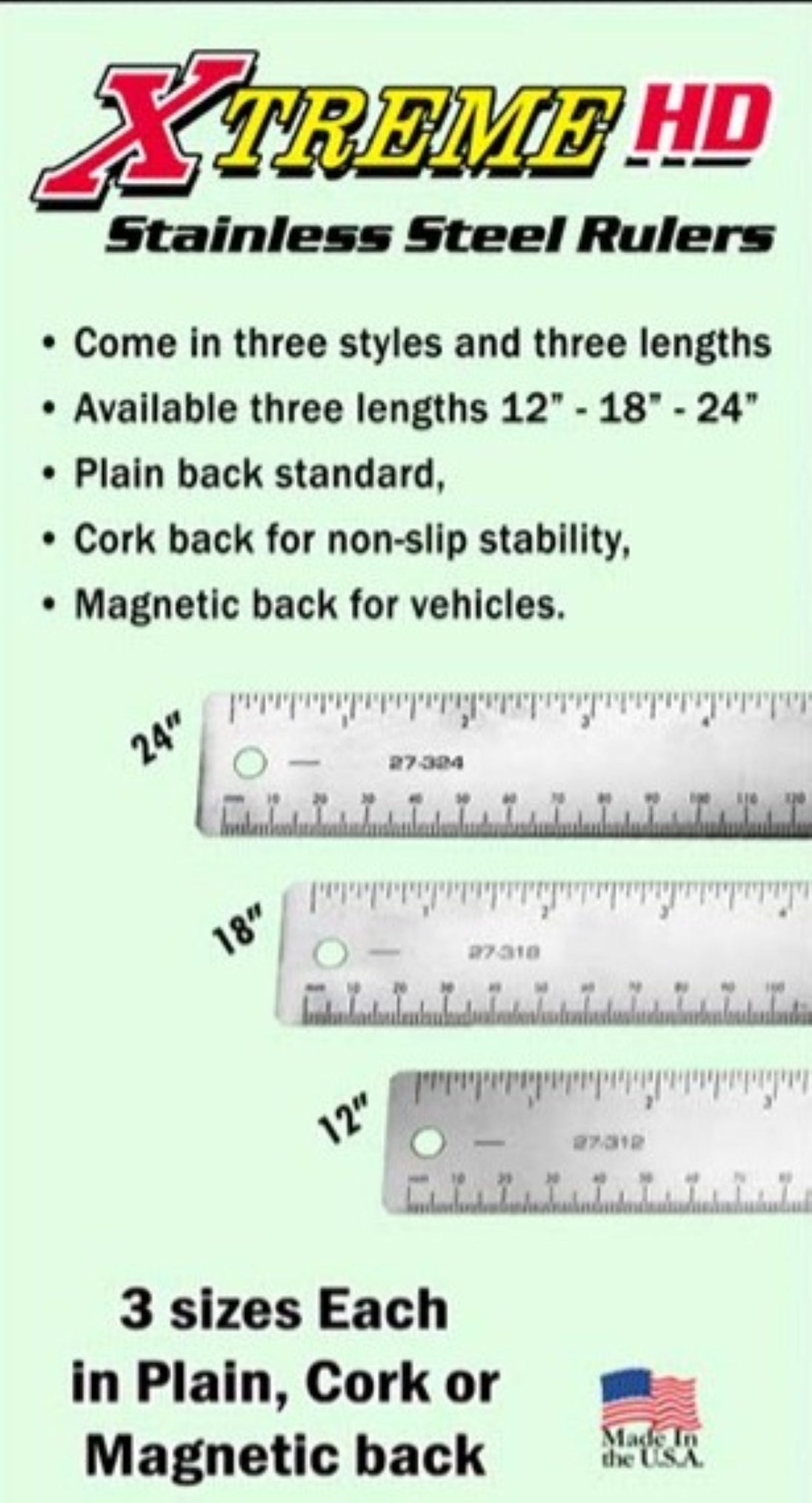 Advertisement for Xtreme HD stainless steel rulers with specifications on a green background