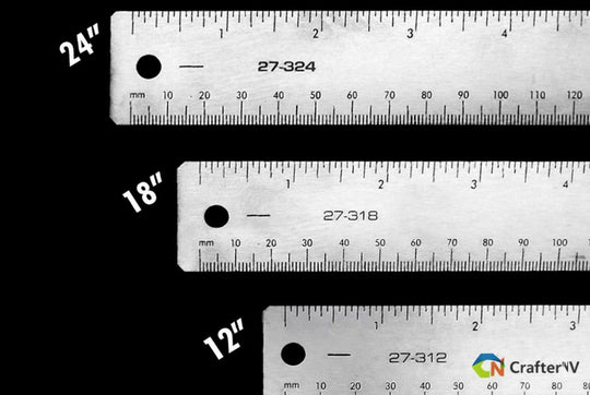Three metal rulers with measurements in inches and millimeters on a black background.