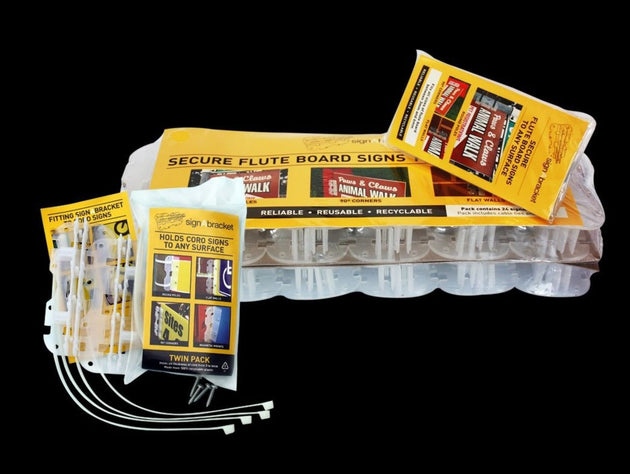 Packaging of Secure Flute Board Signs with additional signs attached on a black background