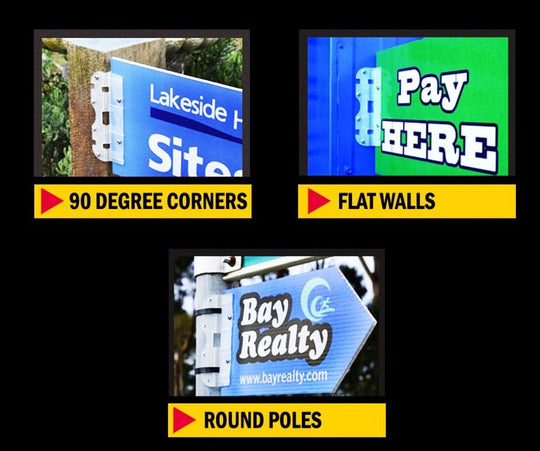 Three signs with text and graphics on a black background
