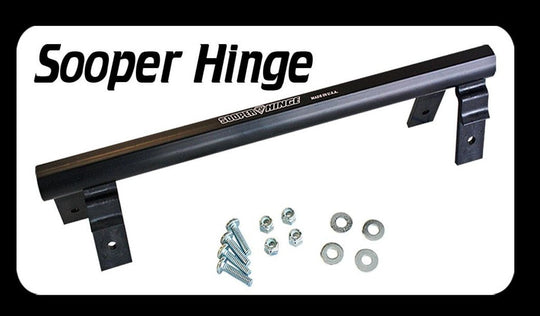 Sooper Hinge product with hardware on a white background