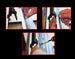 Step-by-step process of adjusting a bicycle wheel with close-up shots of hands and tools.