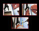 Step-by-step process of adjusting a bicycle wheel with close-up shots of hands and tools.