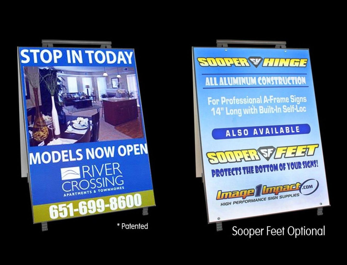 Two a-frame signs with promotional text and images on a black background