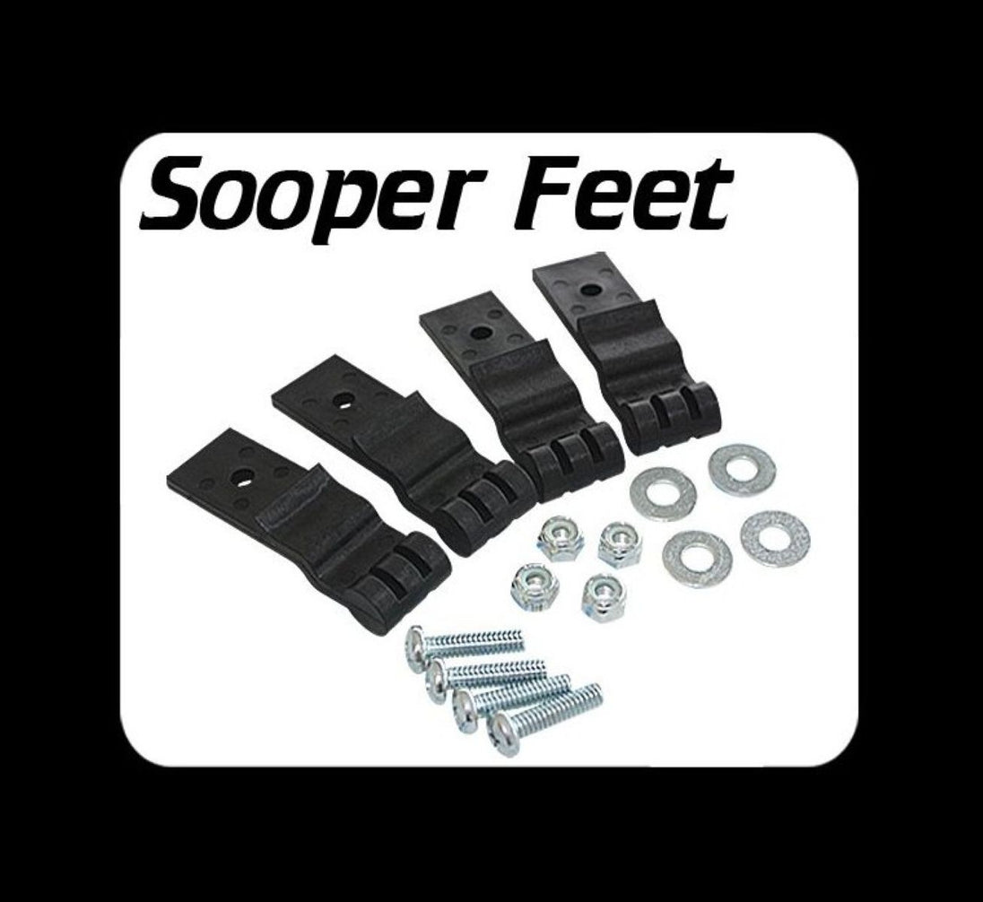 Set of black metal brackets with screws and washers on a white background with 'Sooper Feet' branding.