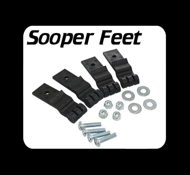 Set of black metal brackets with screws and washers on a white background with 'Sooper Feet' branding.