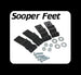 Set of black metal brackets with screws and washers on a white background with 'Sooper Feet' branding.