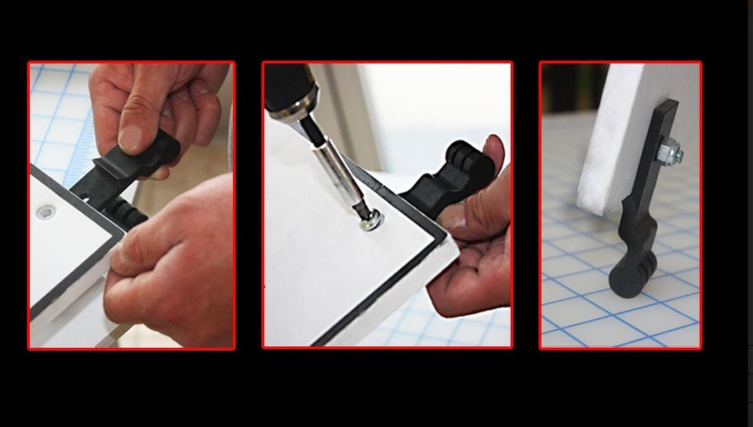 Three-step process of using a tool on a surface with close-up shots.