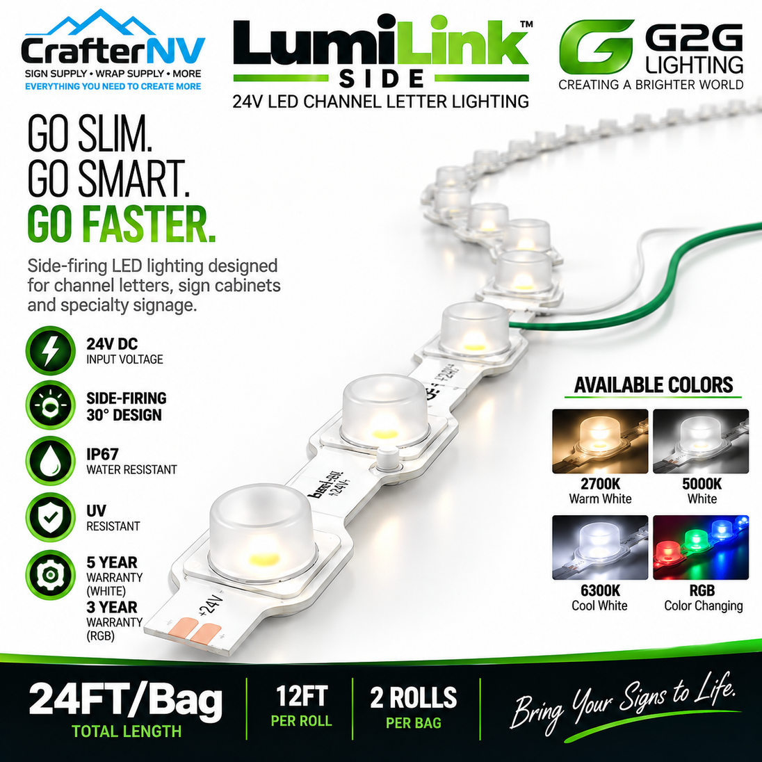 CrafterNV LumiLink Side G20 24V LED channel letter lighting strip shown on a white background with product specs, available colors, and branding.
