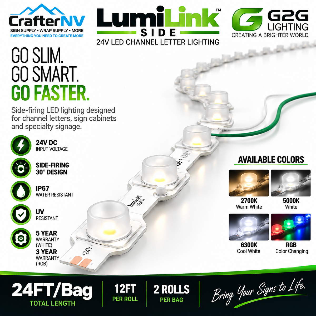 CrafterNV LumiLink Side G20 24V LED channel letter lighting strip shown on a white background with product specs, available colors, and branding.
