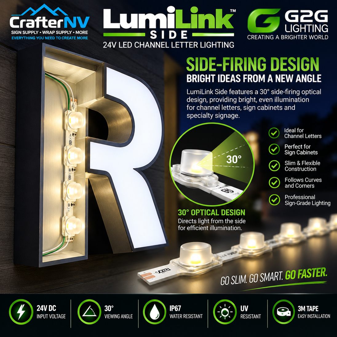 LumiLink Side 24V LED channel letter lighting shown mounted on a large illuminated letter 'R' in a dark interior, with a separate LED strip and product callouts on a black promotional background. Visible branding includes CrafterNV and LumiLink.