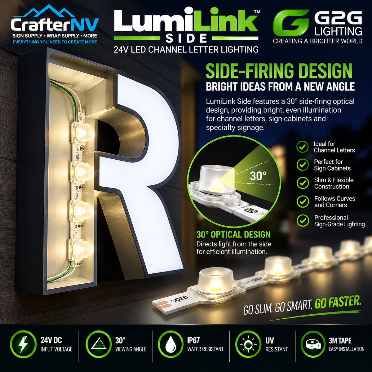 LumiLink Side 24V LED channel letter lighting shown mounted on a large illuminated letter 'R' in a dark interior, with a separate LED strip and product callouts on a black promotional background. Visible branding includes CrafterNV and LumiLink.