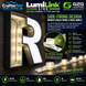 LumiLink Side 24V LED channel letter lighting shown mounted on a large illuminated letter 'R' in a dark interior, with a separate LED strip and product callouts on a black promotional background. Visible branding includes CrafterNV and LumiLink.