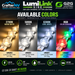 A promotional graphic for LumiLink Side 24V LED channel letter lighting, showing four color options side-by-side: 2700K Warm White, 5000K White, 6300K Cool White, and RGB Color Changing. The left side shows the light strips glowing in warm and cool white tones, while the right side shows them glowing in red, green, and blue.