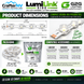 An infographic product sheet for LumiLink Side 24V LED channel letter lighting, showing the product dimensions, packaging bag, compatible accessories, and feature icons on a white background with green and black branding.