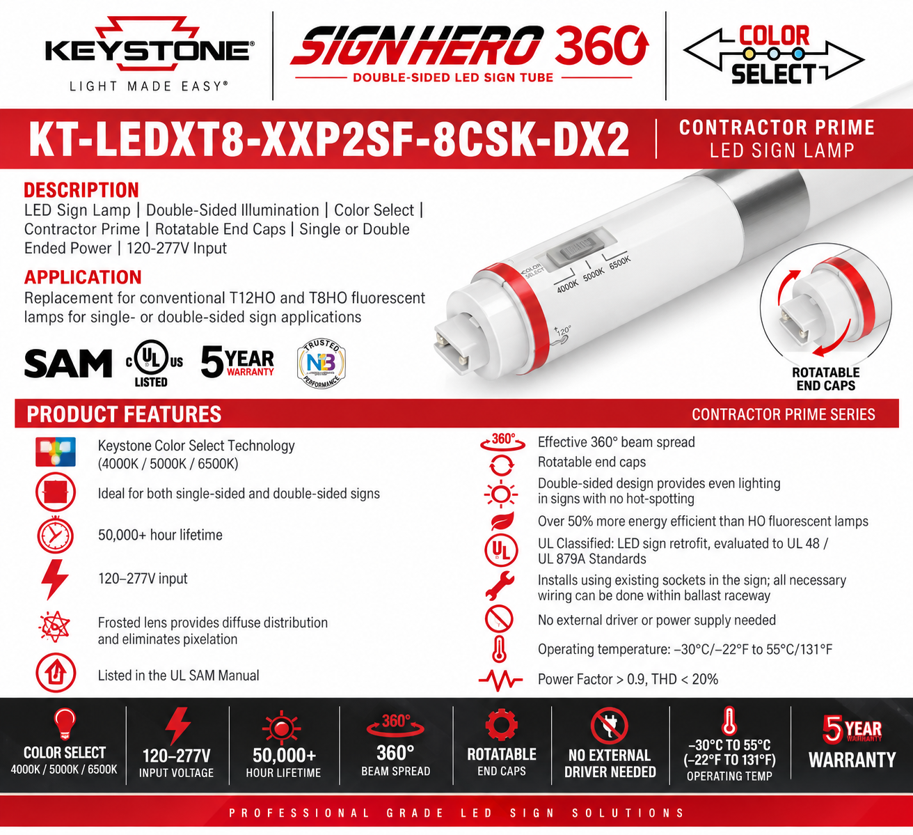 An infographic product card for a Keystone Color Select Sign Hero 360 LED sign lamp, model KT-LEDXT8-XXP2SF-8CSK-DX2. The card features the Keystone and Sign Hero 360 logos at the top, product specifications, features, and compatibility details in red and black text on a white background.