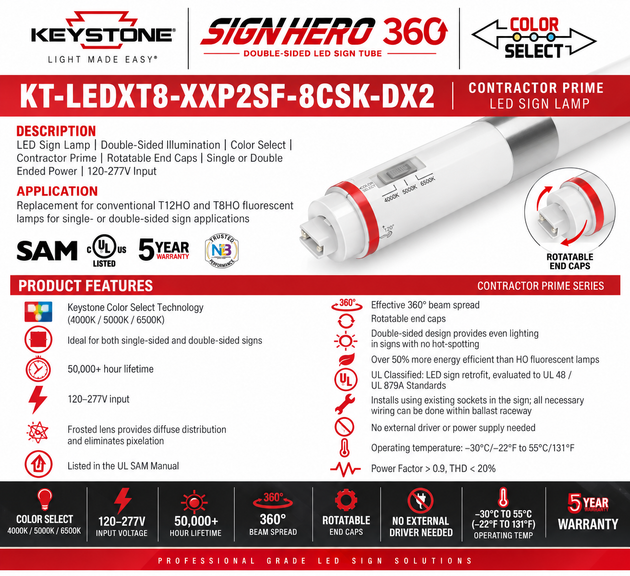 An infographic product card for a Keystone Color Select Sign Hero 360 LED sign lamp, model KT-LEDXT8-XXP2SF-8CSK-DX2. The card features the Keystone and Sign Hero 360 logos at the top, product specifications, features, and compatibility details in red and black text on a white background.