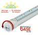 A long LED tube light with a rotatable glass base, shown on a white background with explanatory graphics. The graphic includes a sun icon with rays, red text reading 'Wide light distribution = No shadowing No hotspots,' a red arrow circling the base, and the text 'ROTATABLE CASE R17D.