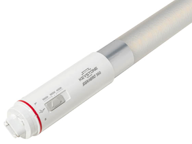 A close-up of a Keystone SirenHerb 360 LED grow light tube, showing the white and silver cylindrical body, a white end cap with a red ring and switch, and the brand name printed on the side.