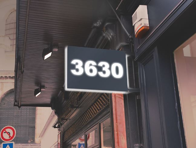 Digital display with the number '3630' on a building exterior.