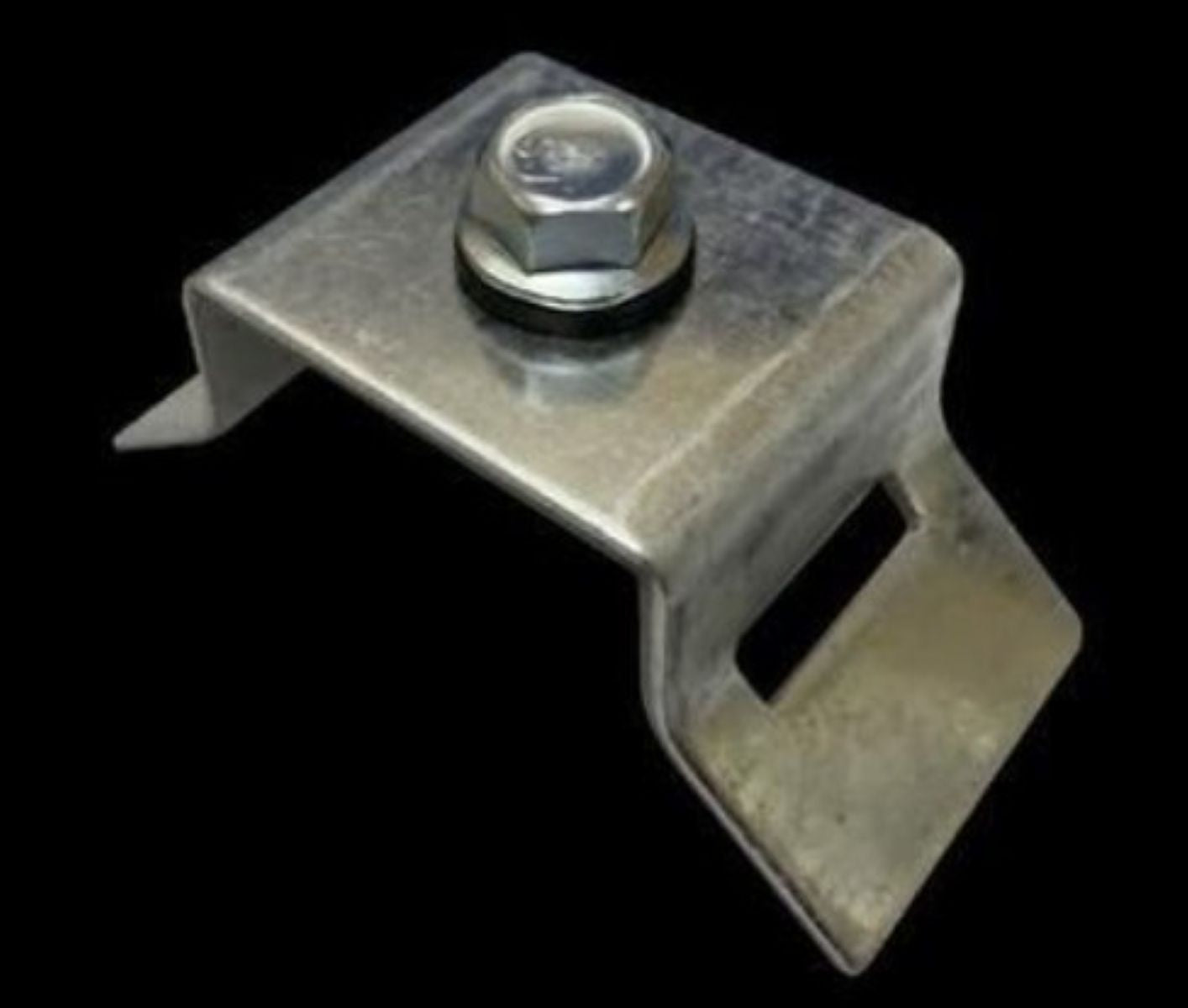 Metal bracket with a bolt on a black background