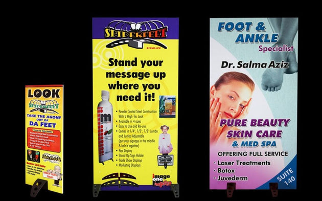 Three promotional banners for different products and services on a black background.