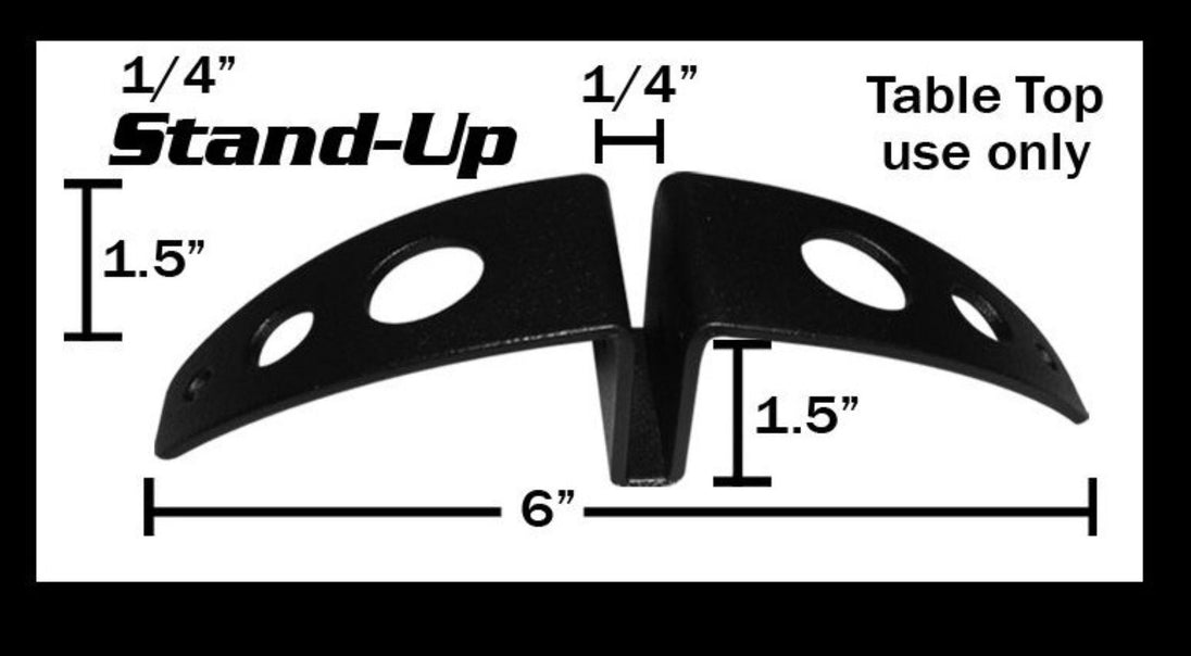 Black stand-up table top bracket with measurements on a white background