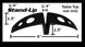 Black stand-up table top bracket with measurements on a white background
