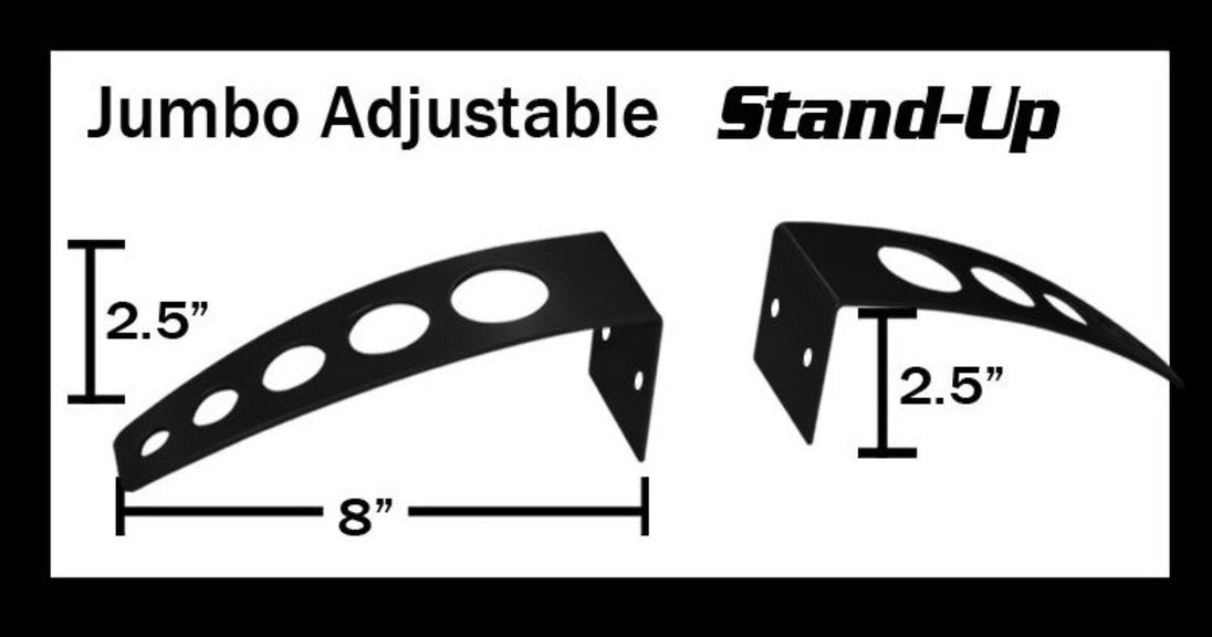 Jumbo adjustable stand-up product with dimensions on a white background