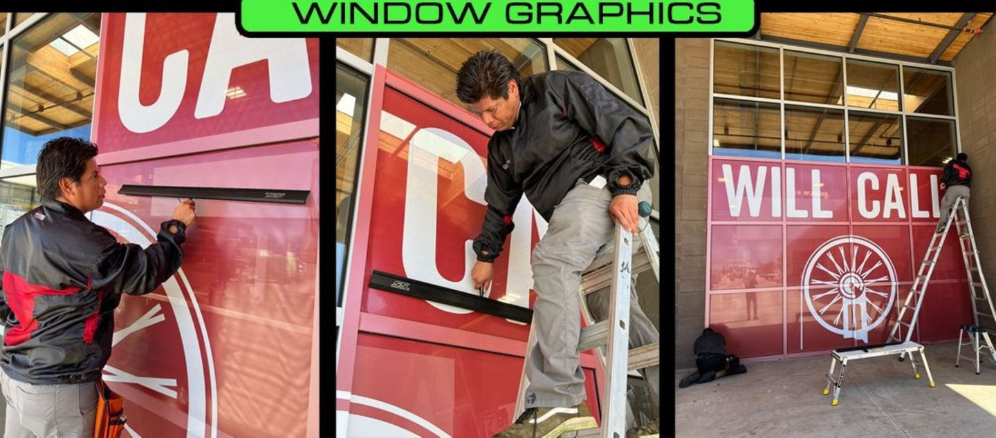 Window graphics installation process with a person applying decals on a building.